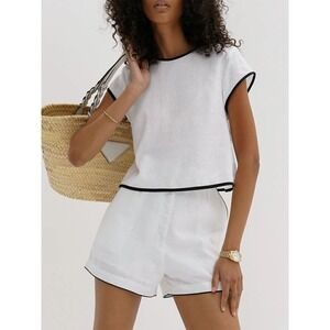 Commense Chic White Cotton Two-Piece Set Crop Top and Shorts Casual Outfit‎ M